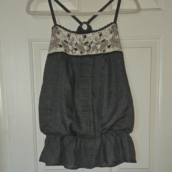 Papaya Tops - Papaya M/L Y2K Gray Balloon Cami Babydoll Embroidery Spaghetti Strap Wooden Ring